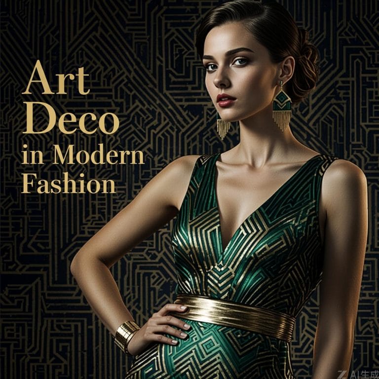 Elegant Art Deco-inspired green and gold sleeveless dress with geometric embroidery, paired with matching accessories, set against a patterned backdrop.