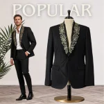 Black Wool Blend Tailored Blazer – Gold Floral Embroidery