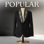 Black Wool Blend Tailored Blazer – Gold Floral Embroidery
