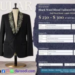 Black Wool Blend Tailored Blazer – Gold Floral Embroidery