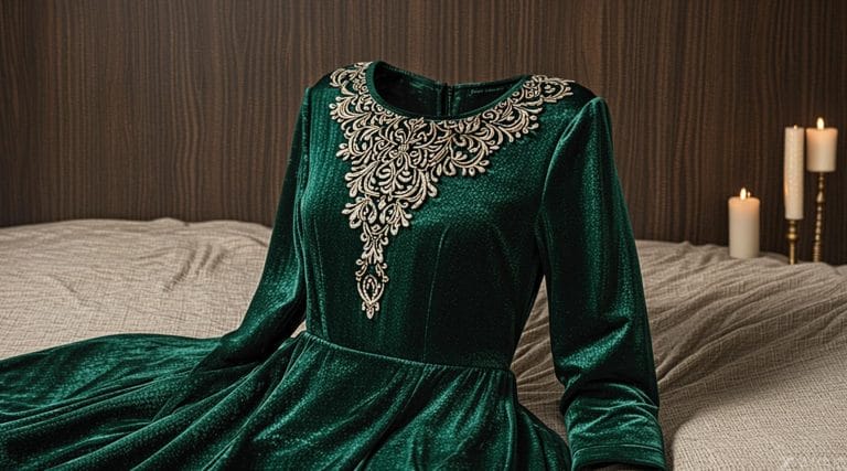 Elegant emerald green velvet gown with intricate gold floral embroidery on the neckline and bodice, displayed on a luxurious bed setting.