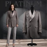 Women Premium Taupe Longline Embroidered Tuxedo Coat