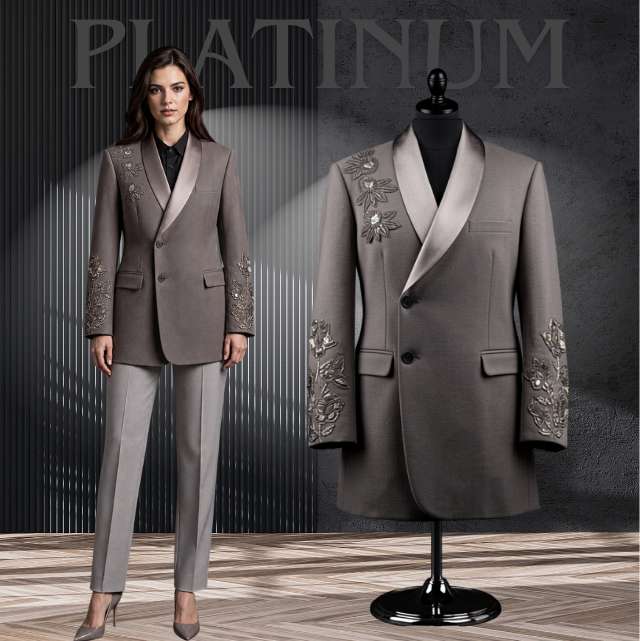 Women Premium Taupe Longline Embroidered Tuxedo Coat
