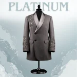 Women Premium Taupe Longline Embroidered Tuxedo Coat