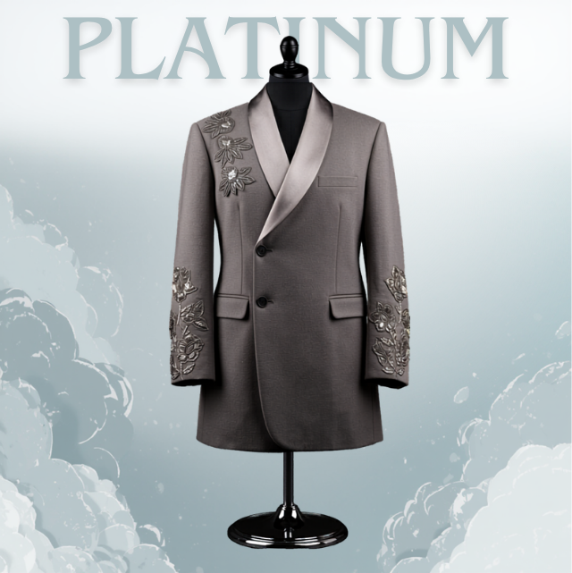 Women Premium Taupe Longline Embroidered Tuxedo Coat