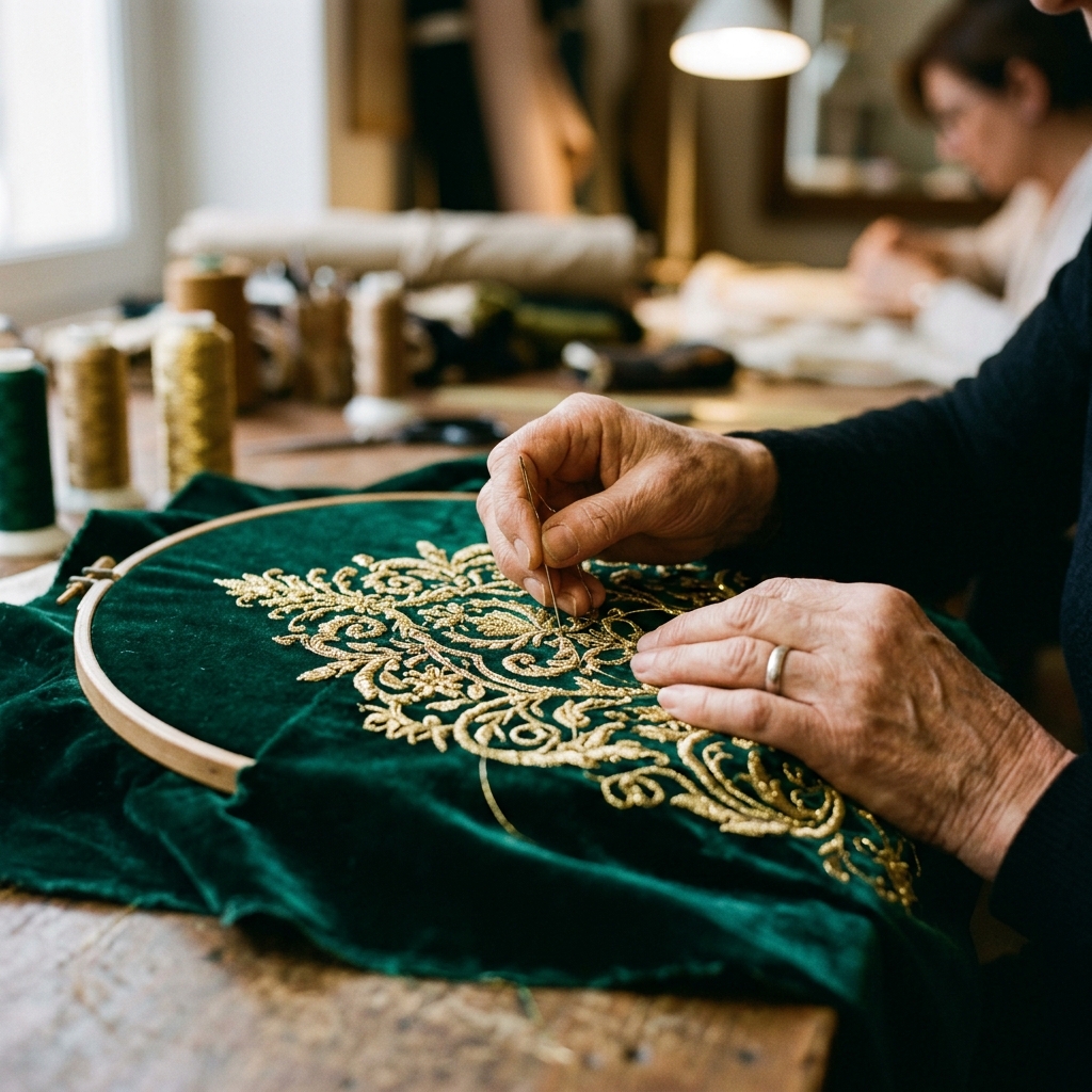 Artisan hands needlecrafting golden thread onto green fabric
