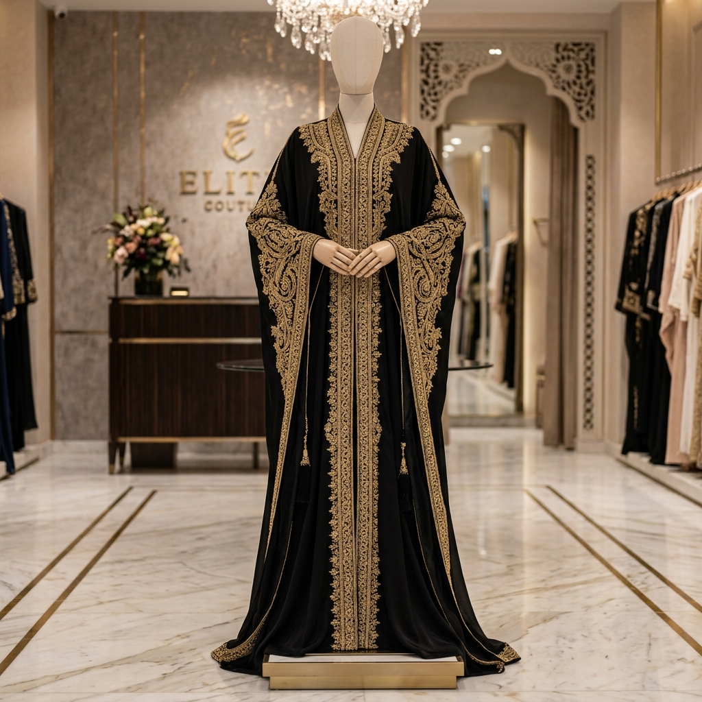 Elegant black velvet abaya with gold embroidery