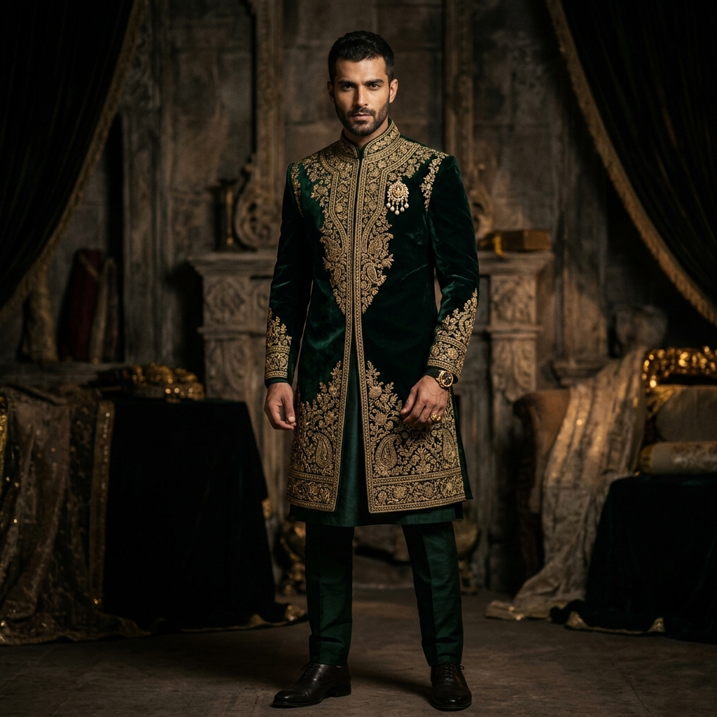Bespoke Embroidery by Daroodi master artisans on a luxury emerald gold sherwani jacket